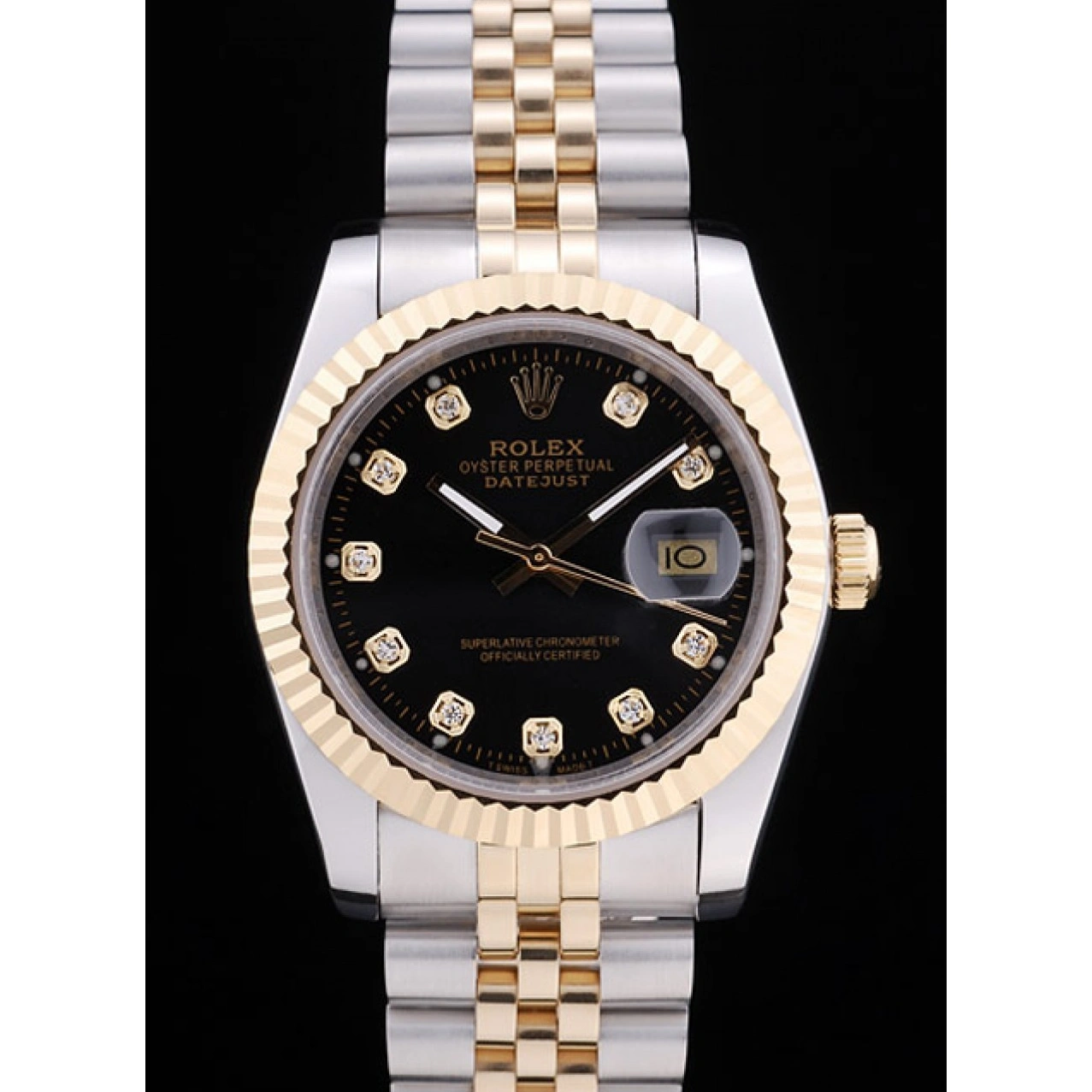 AAA Replica Watches Rolex Datejust Black Diamonds Dial Bezel Ribbed 7453 1013
